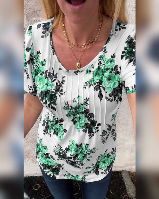 Crew Neck Floral Print Pleated T-Shirt
