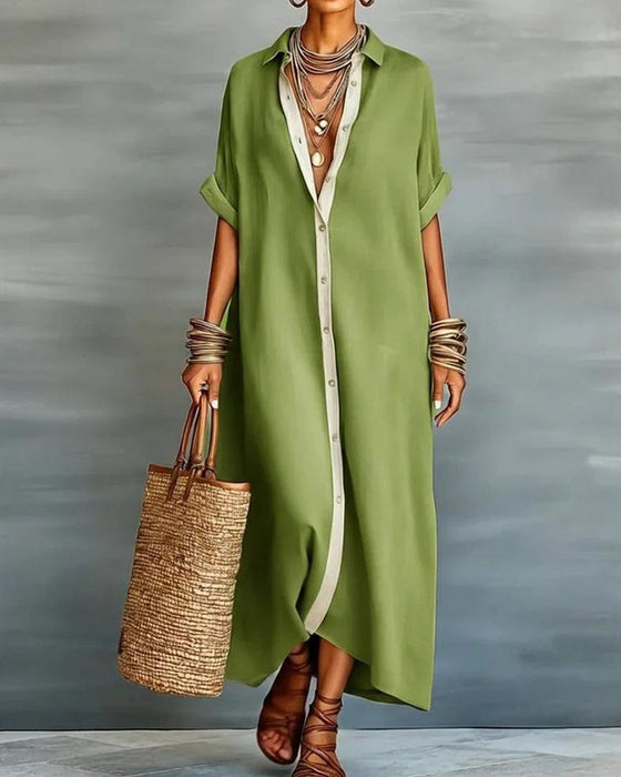 Elegant Lapel-Collar Draped Shirt Dress