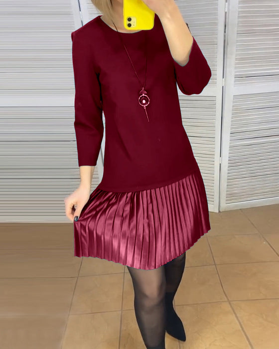 Pleated patchwork solid color dress