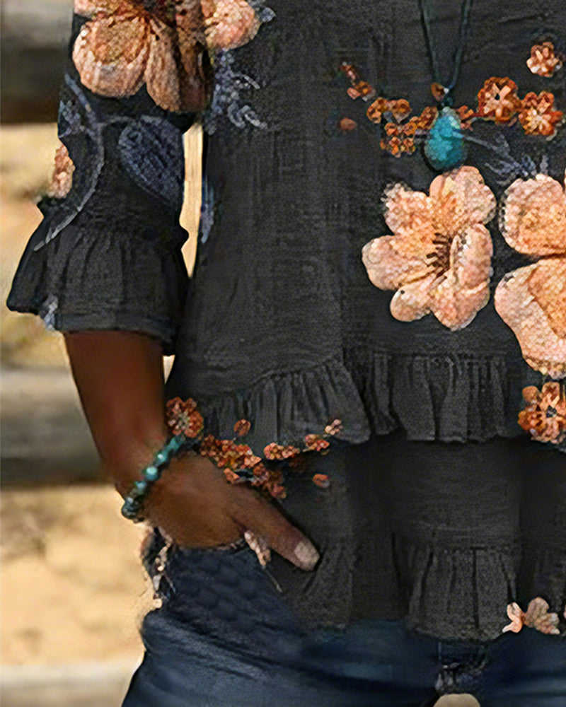 V-Neck Vintage Floral Loose Fit Blouse