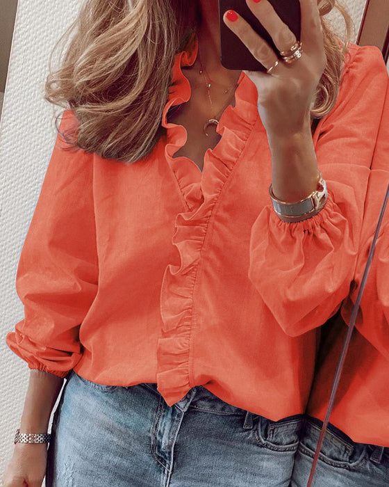 Solid Color Ruffle Blouse