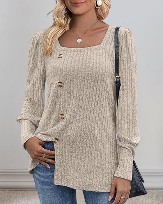 Button-Down Top with Square Neck and Puff Sleeve