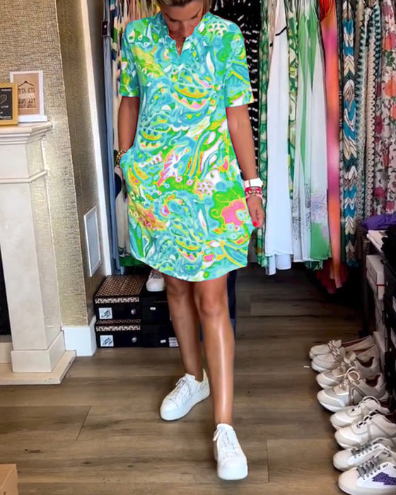 Pocket printed short sleeve dress