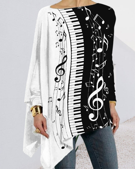 Piano print irregular long sleeve top