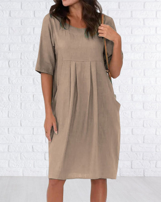 Round Neck Solid Color Dress with Pockets