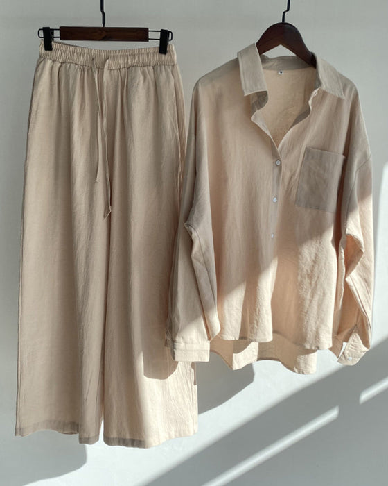 Solid color shirt pants two piece set