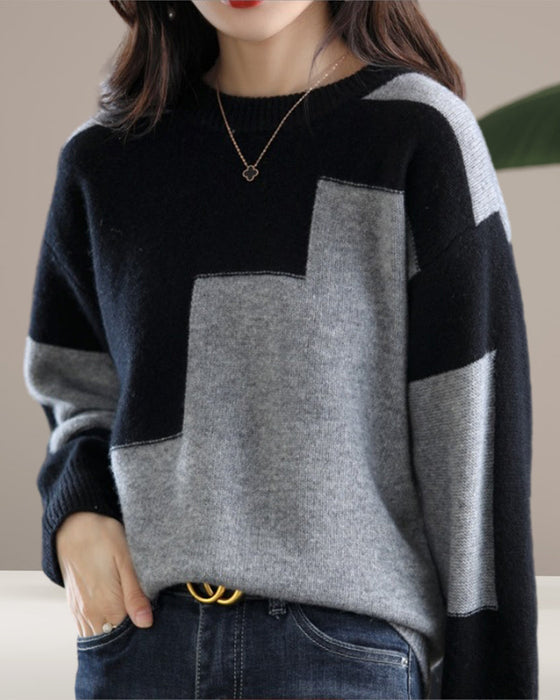 Casual contrasting color long-sleeved sweater