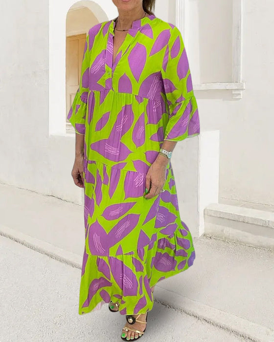 Leaves Print Dress with Short Sleeves