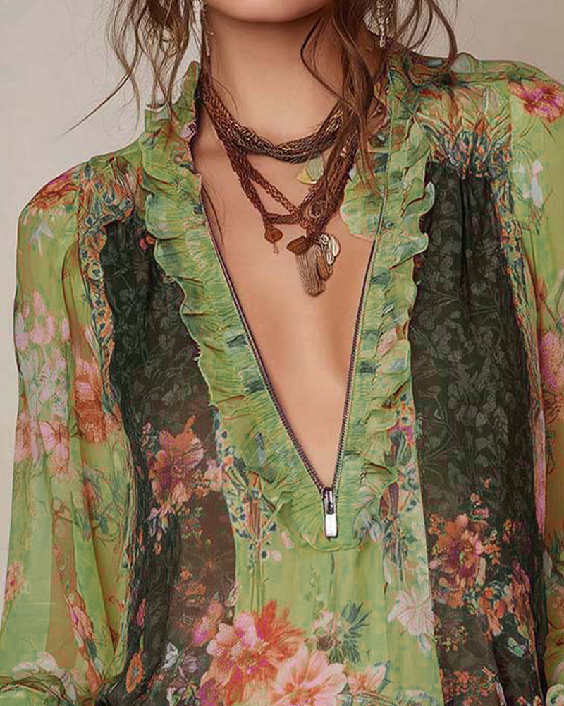 Half-Zip Floral Print Blouse