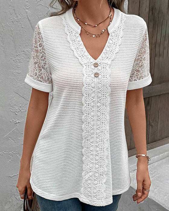 Solid color v-neck lace T-shirt