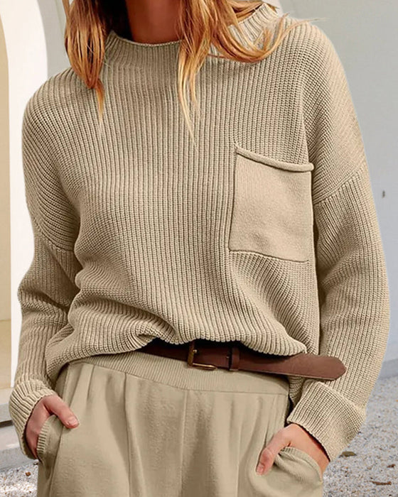 Round neck long sleeve pocket sweater