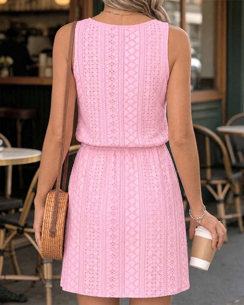 Round Neck Sleeveless Lace Cutout Dress