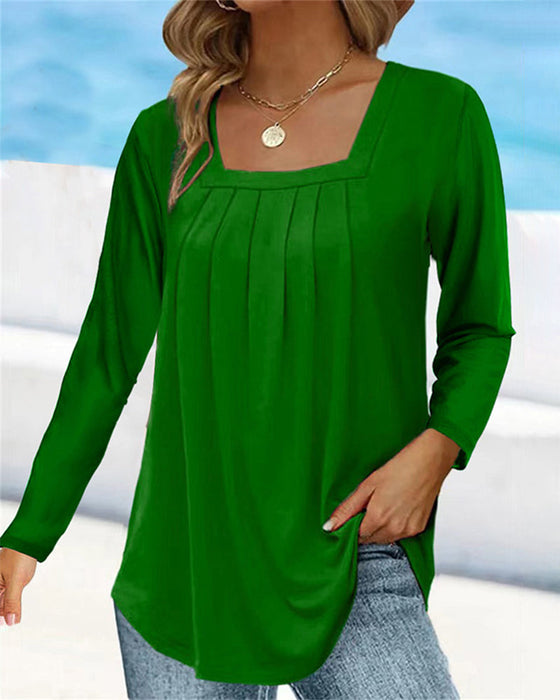 Square neck pleated long sleeve top