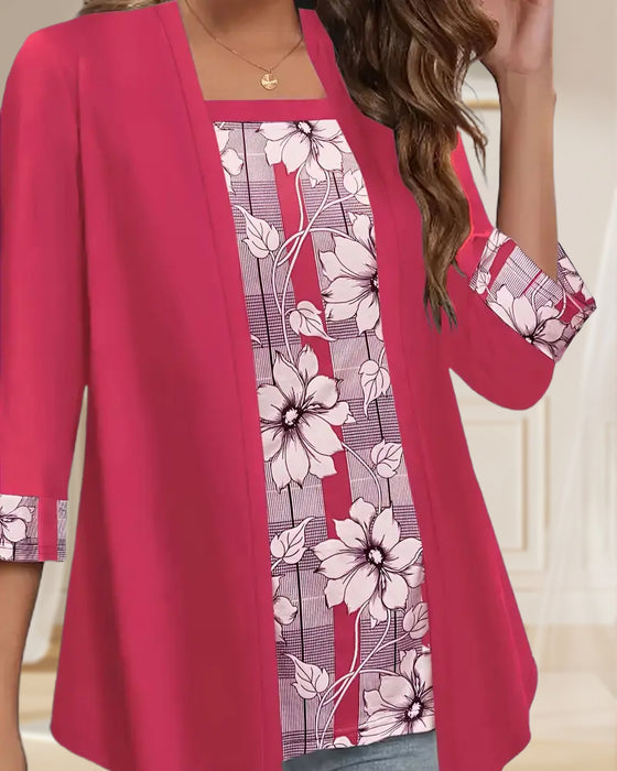 Printed Fake Two-Piece Long-Sleeved Top