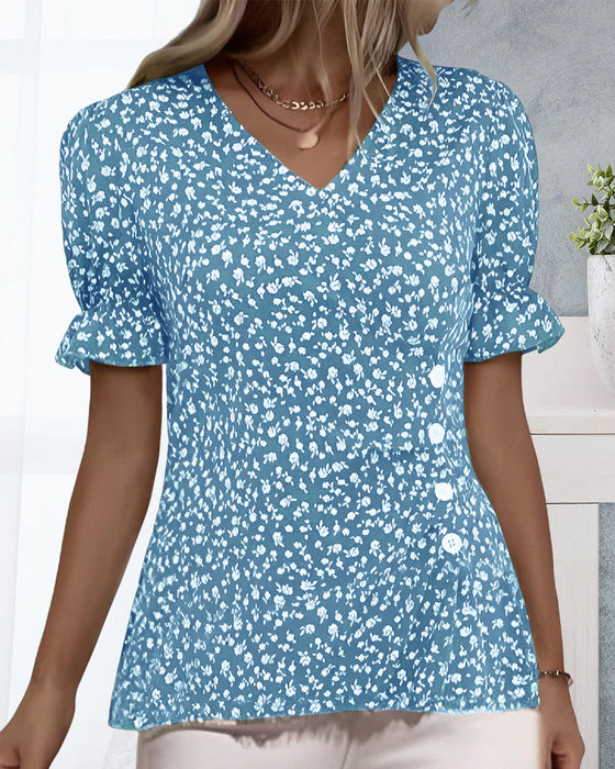 V-neck floral short-sleeved blouse