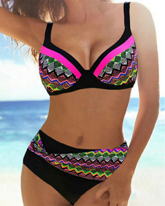 Striped print high waist push up bikini