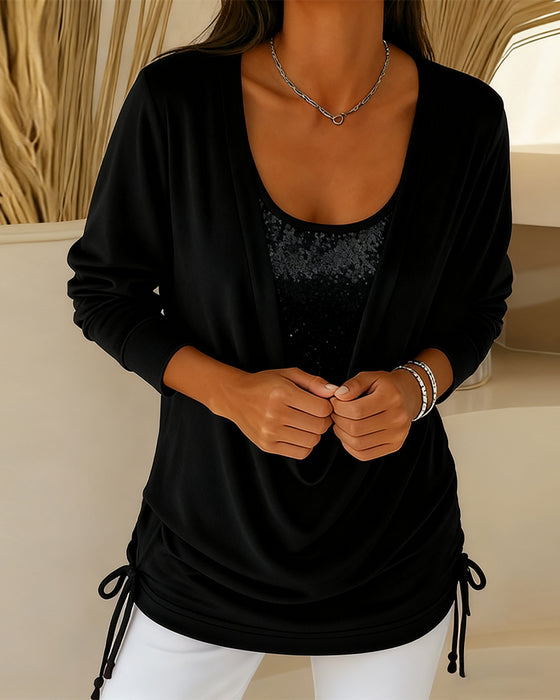 Sequin Contrast Color Faux Two-Piece Top