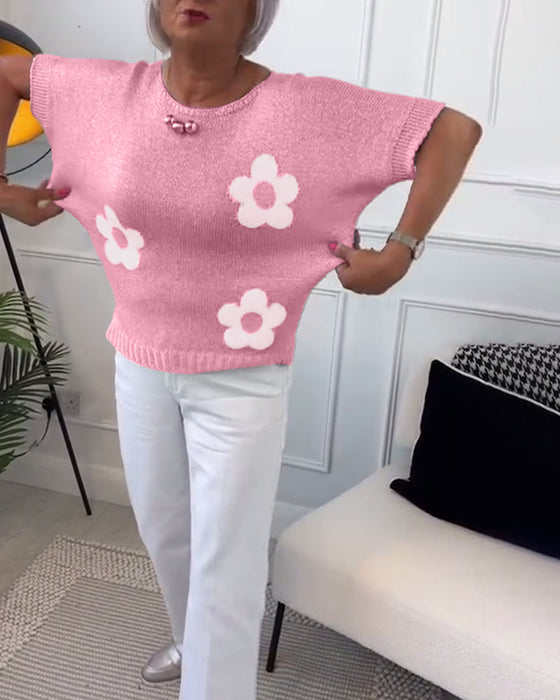 Round neck slim floral pullover sweater