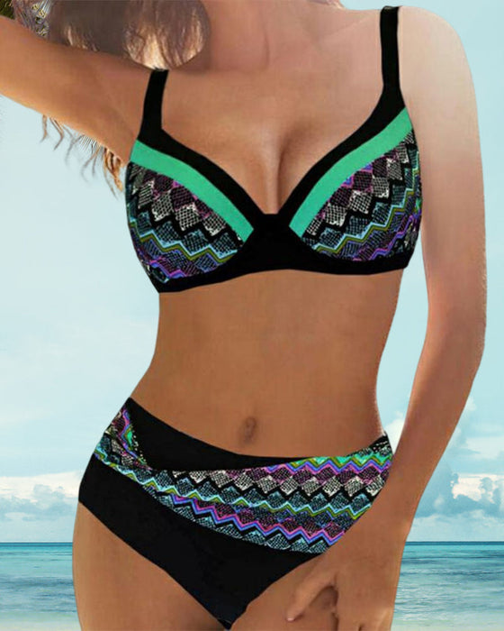 Striped print high waist push up bikini