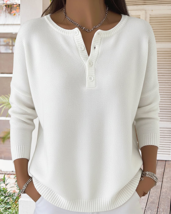 Long-Sleeved Button-Down Solid Color Sweater