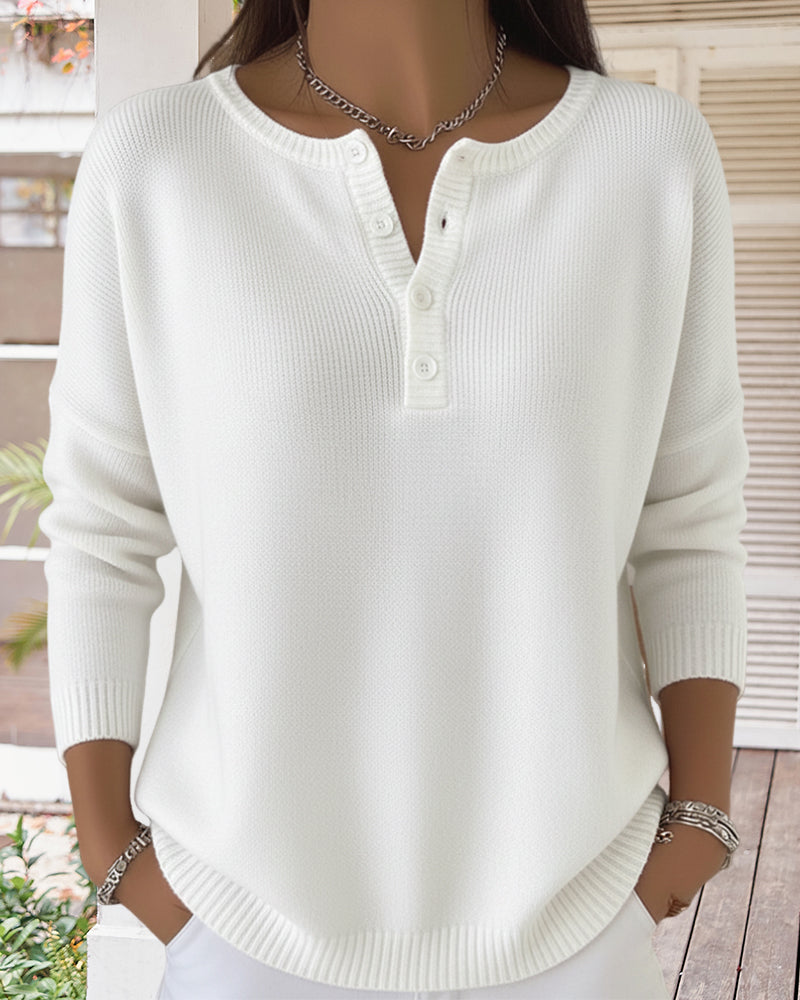 Long-Sleeved Button-Down Solid Color Sweater
