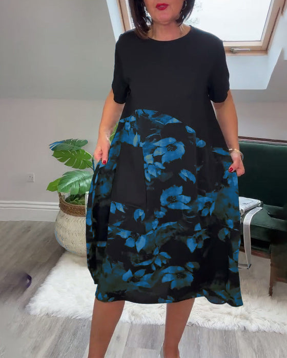 Casual round neck floral print patchwork dress