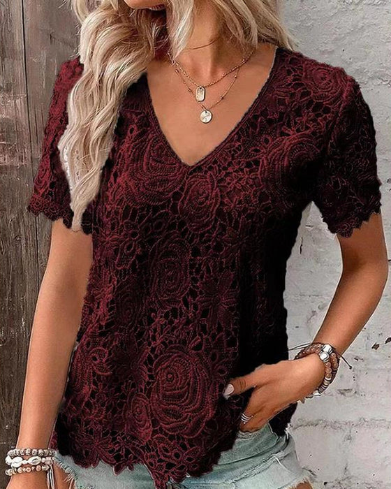 Lace v-neck short-sleeved blouse