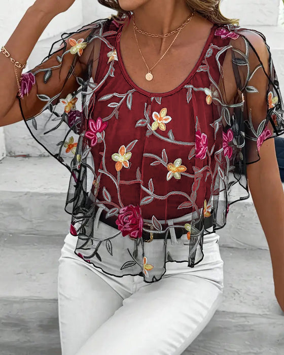 Embroidered Mesh Heavy Duty Blouse