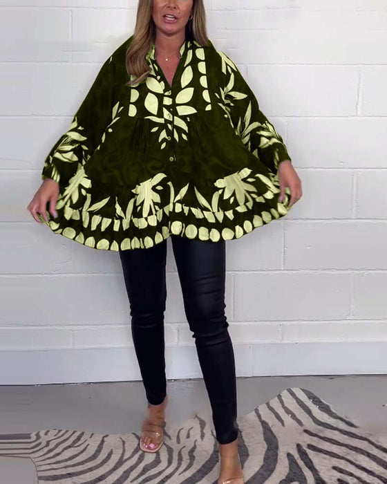 Printed button bell sleeve blouse