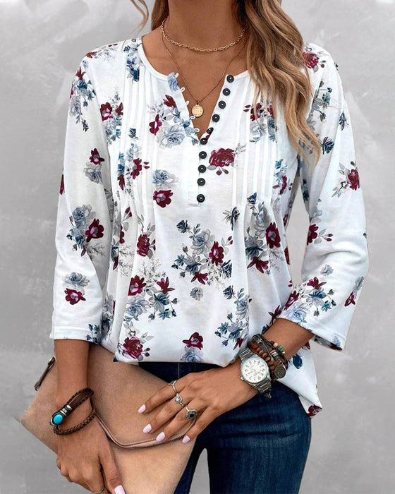 Floral print button elegant blouse