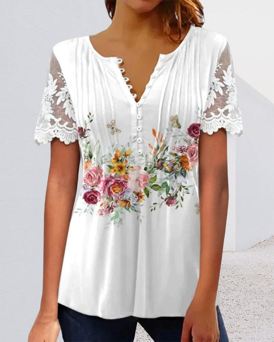 Floral Print Lace T-shirt with Short Sleeves