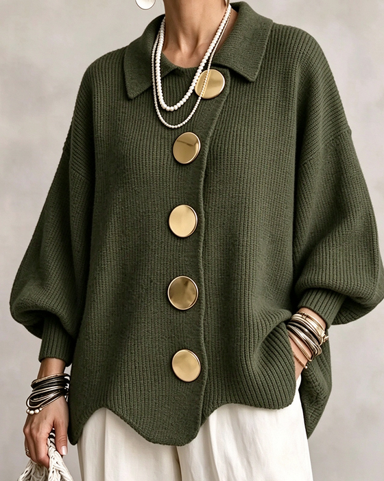 Large Metal Button Lapel Cardigan