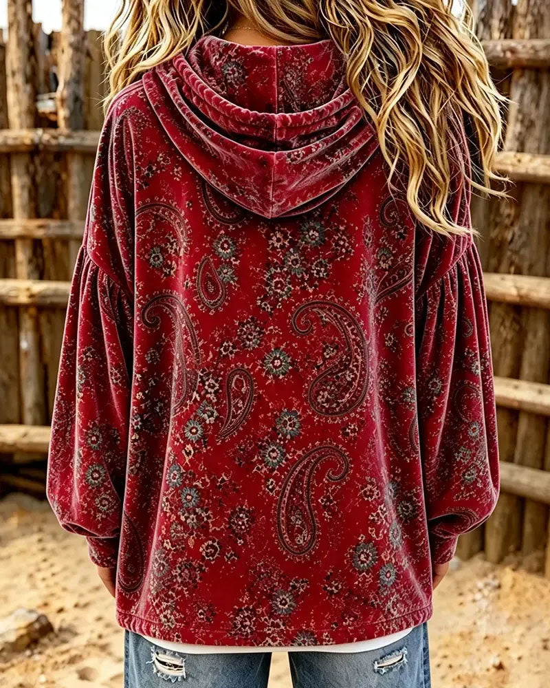 Paisley Print Velvet Hoodie