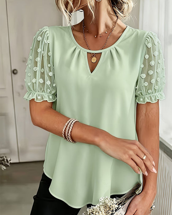 Round Neck Lace Puff Sleeves Blouse