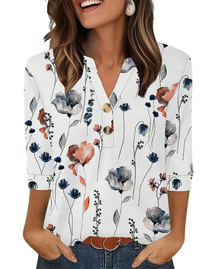 V-Neck Buttoned Three-Quarter Sleeve Blouse