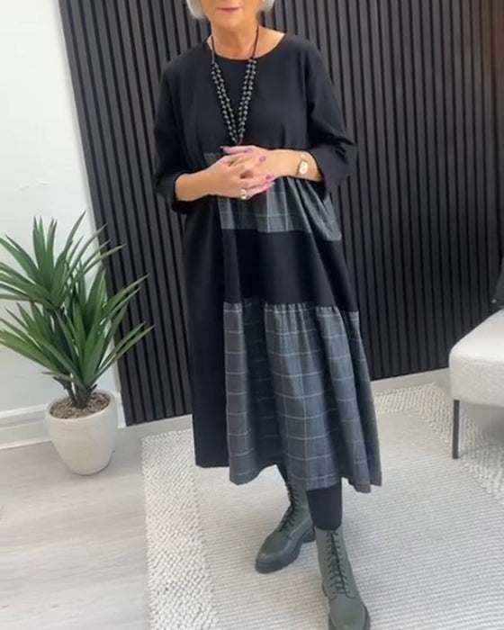 Casual plaid patchwork pocket dress