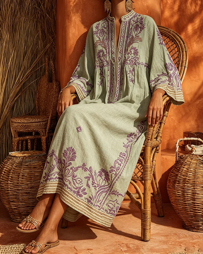 V-Neck Ethnic Print Loose Fit Dress