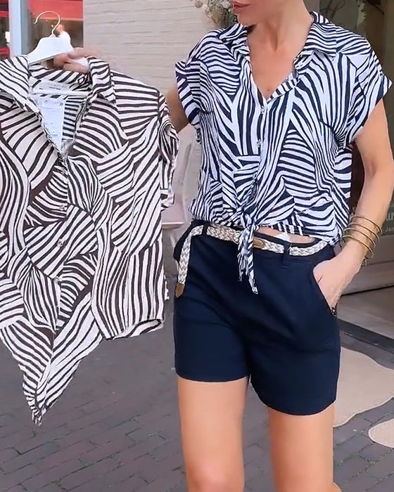 Zebra Print Lapel Short Sleeve Blouse