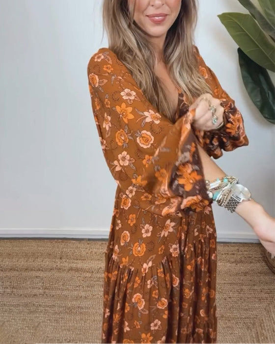 Vintage floral print V-neck lantern sleeve dress