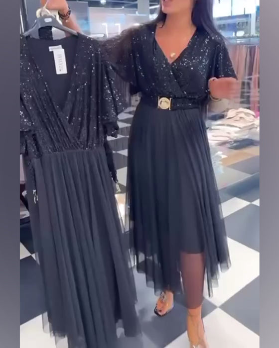 V-Neck Mesh Hem Fashion Dress