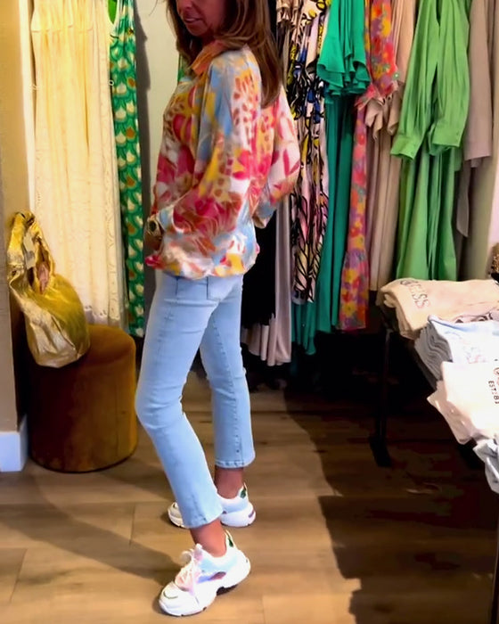 Lapel printed long sleeve top