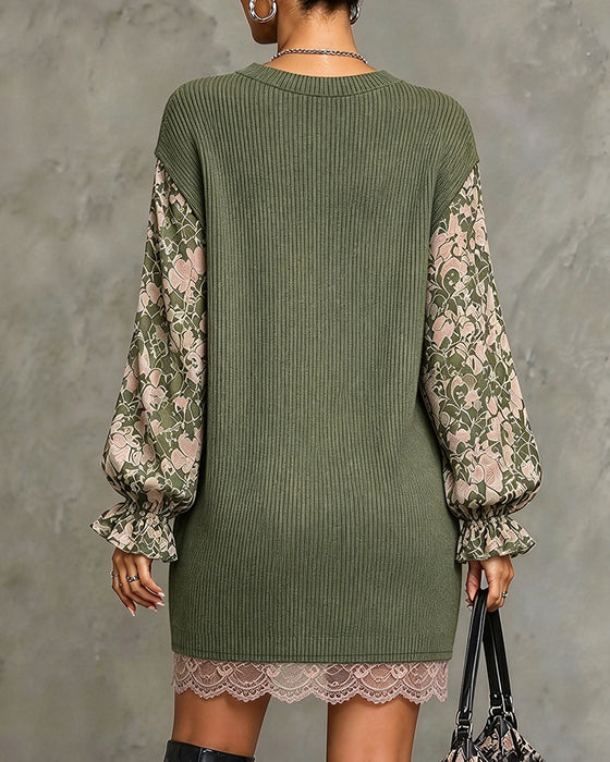 Crew Neck Ribbed Lace Patchwork Ruffle Dress