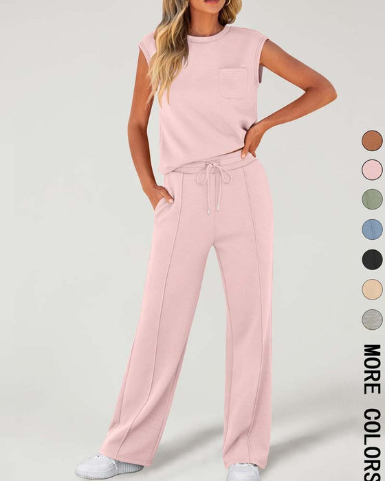Solid Sleeveless Short Sleeve Casual Set