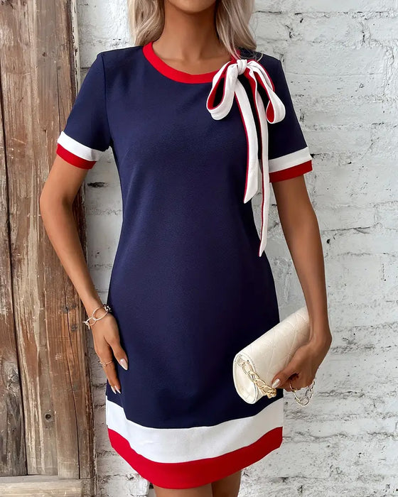 Short Sleeve Contrast Tie Dress