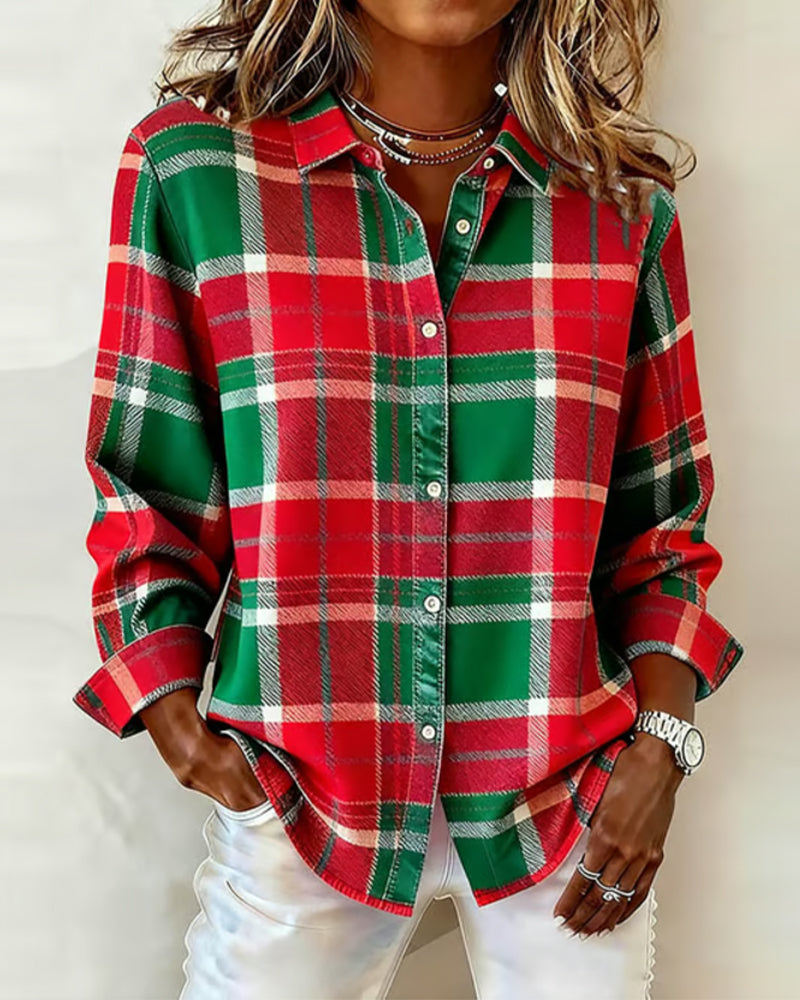 Long-Sleeved Lapel Plaid Shirt