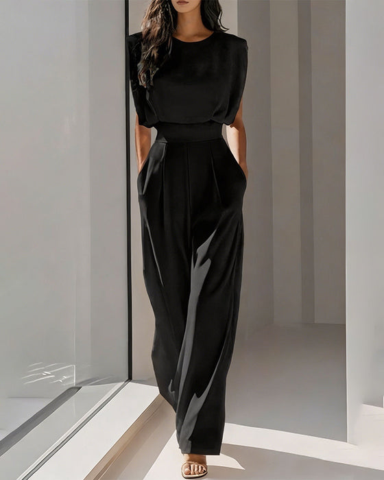 Solid Casual Belted Jumpsuit