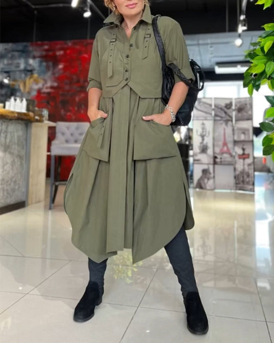 Lapel casual pocket solid color dress