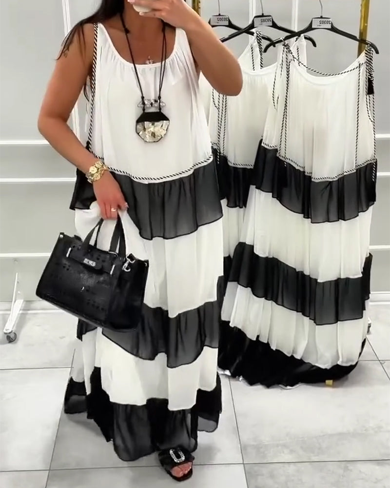 Round Neck Sleeveless Color Block Dress