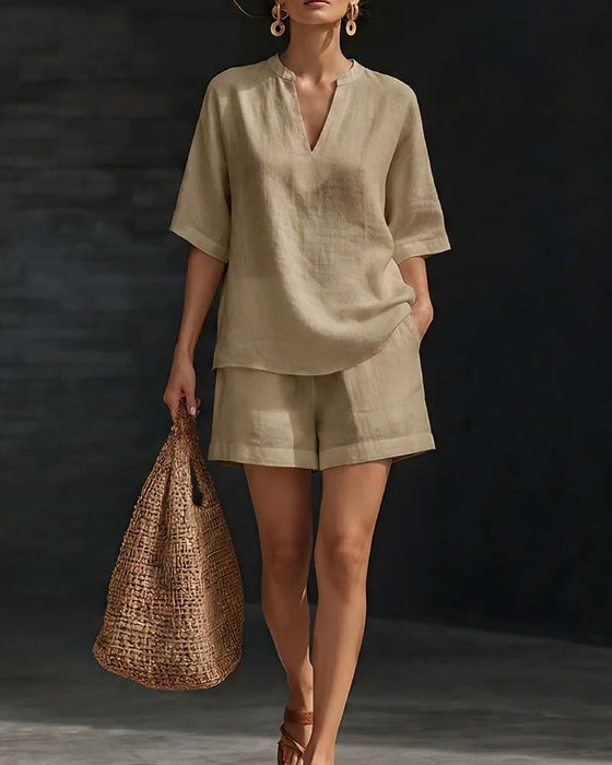 Casual Elbow-Length Sleeve Top and Shorts Set