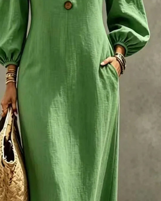 Small V-Neck Button Puff Sleeve Pocket Dress